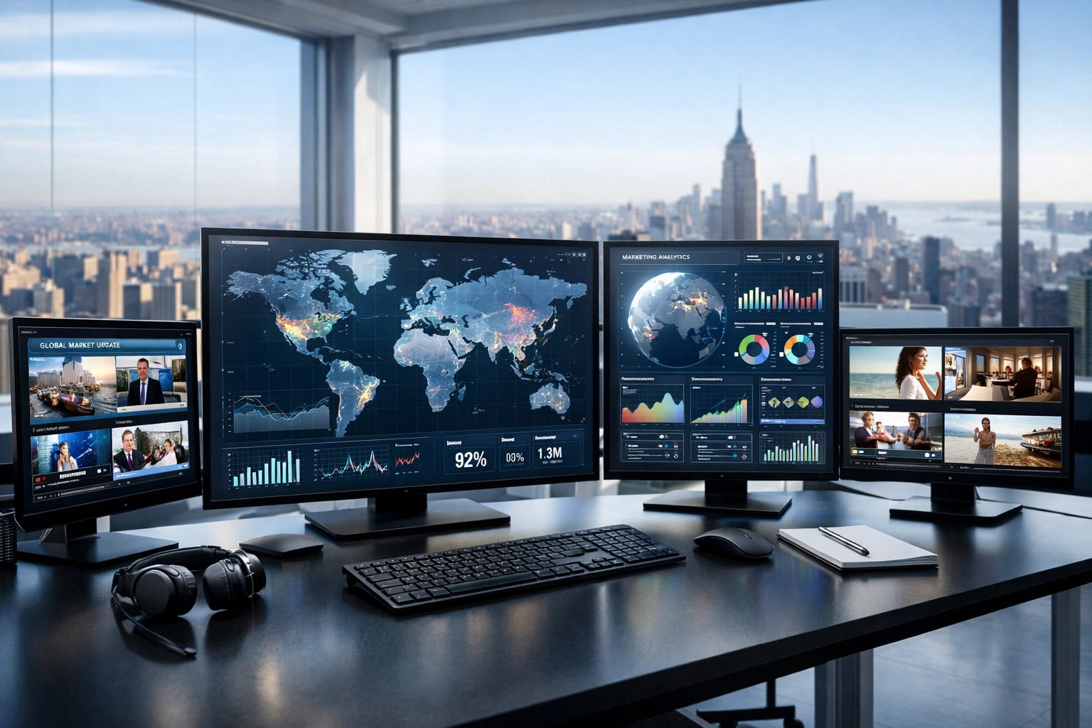 Modern corporate command center managing synchronized global marketing assets through the Daily Autopilot framework.