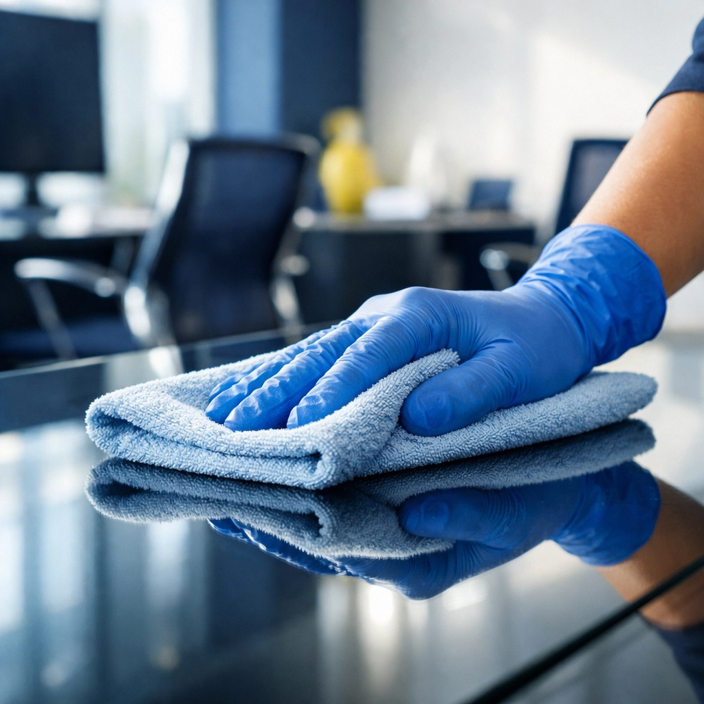 Professional commercial cleaning in Milford featuring a hand polishing a glass conference table.