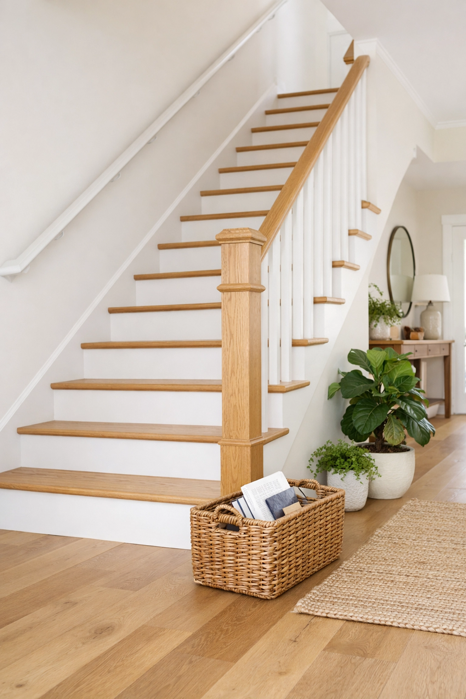 A clutter-free wooden staircase with an organizational basket placed safely on the floor next to the steps.