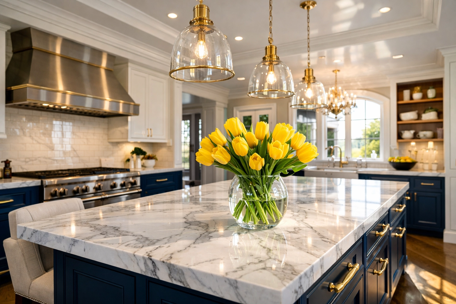 Spotless luxury kitchen in Shrewsbury with marble island and navy cabinets cleaned by a house cleaning service.