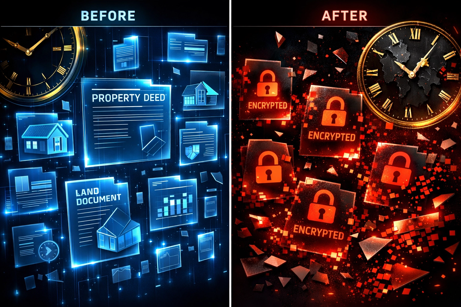 Before and after ransomware attack showing property records encrypted and locked by hackers