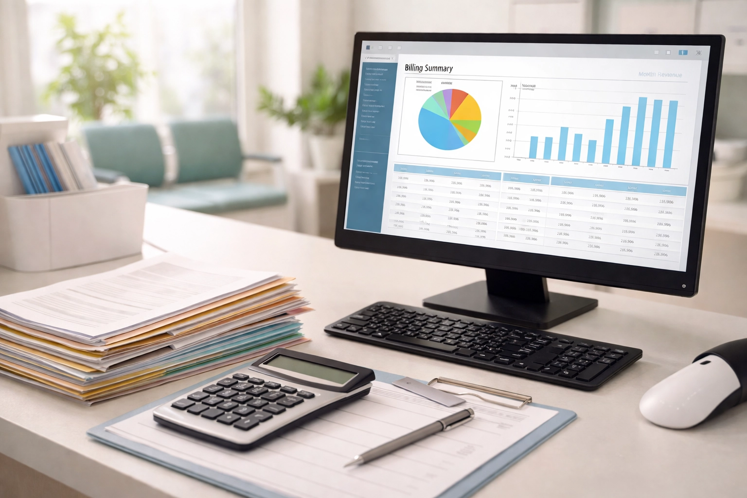 Beyond the Basics: How Specialized Therapy Billing Can Reduce Your Denial Rate by 50% Modern medical front desk with billing charts illustrates effective therapy billing solutions.