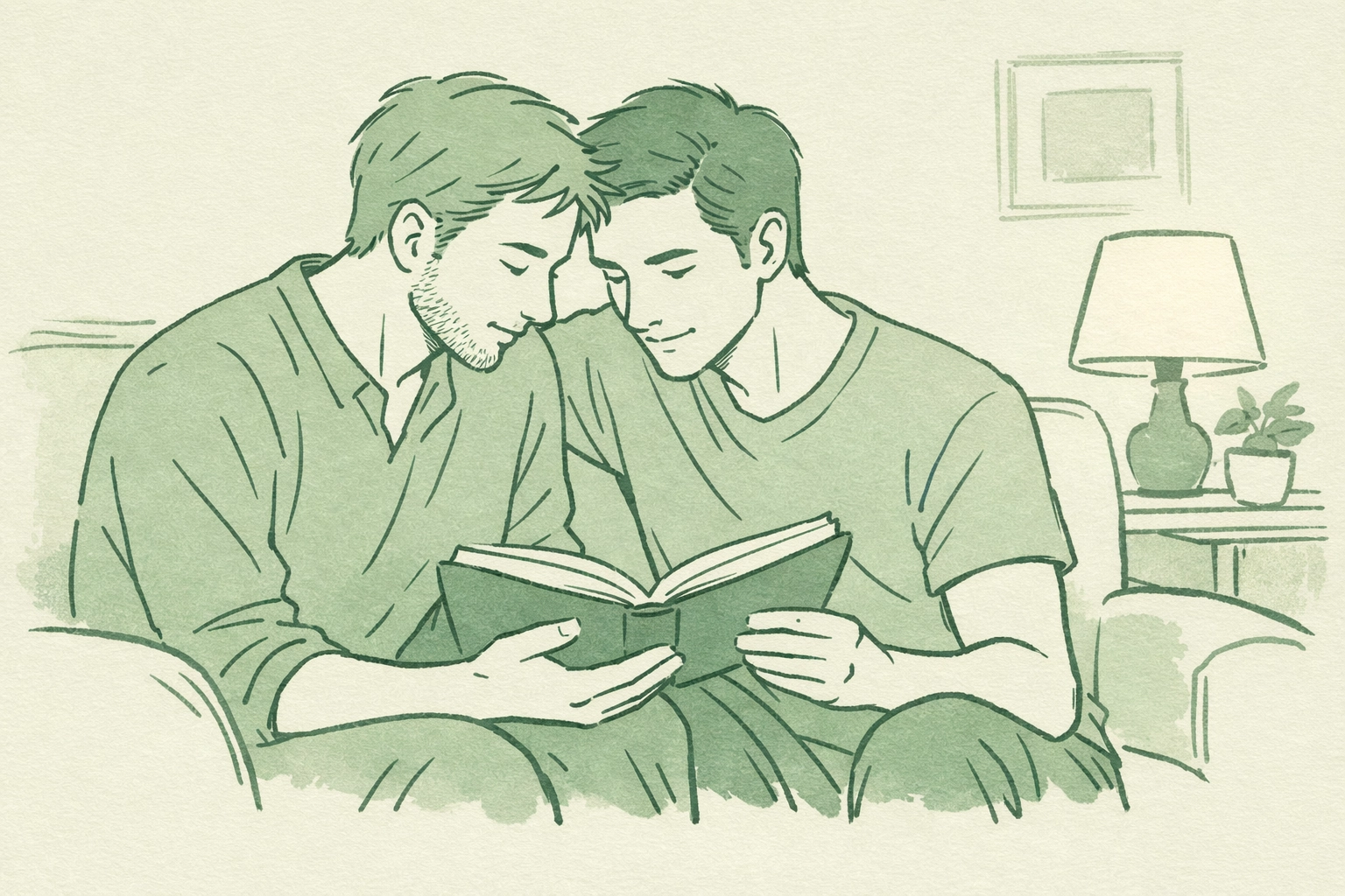 Gay couple reading The Intimacy Gambit together for relationship communication exercises