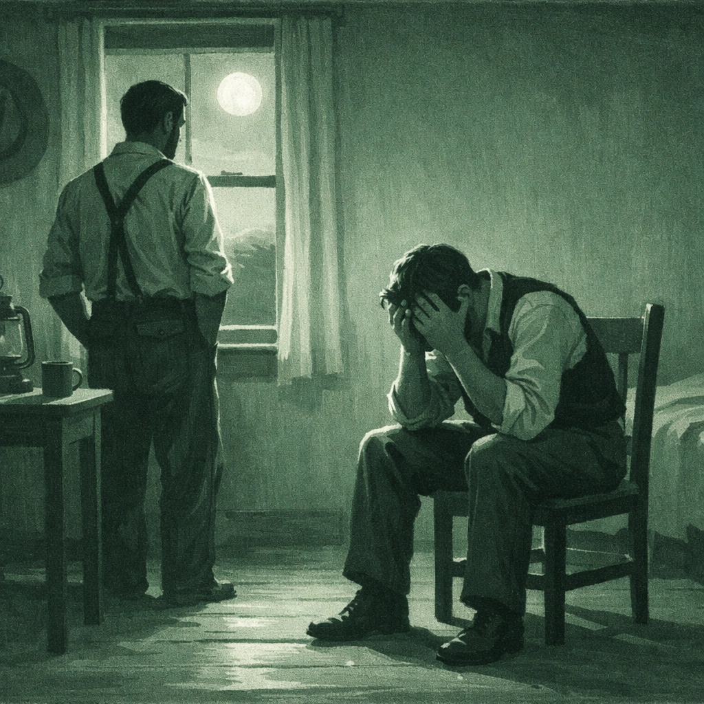 Intimate moment between two ranch hands in 1910s interior depicting gay historical romance