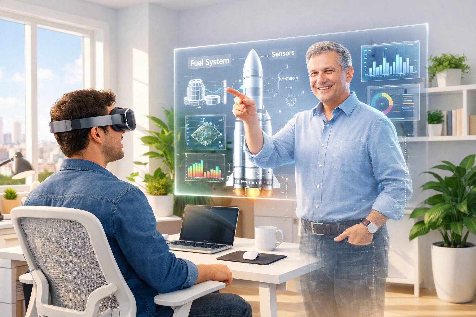 Professional in a headset interacting with an AI digital twin for remote employee onboarding and technical training.