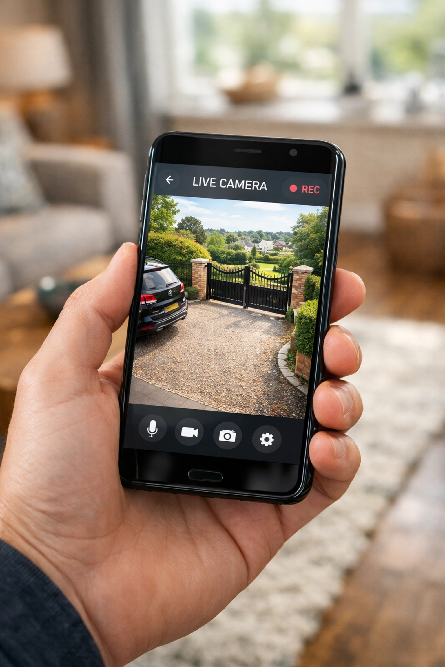 Monitoring home security alarms in Bath via a live smartphone camera feed.
