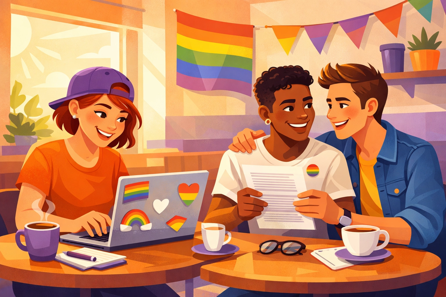 Diverse LGBTQ+ writers collaborating on new queer fiction and gay love stories in a modern cafe.