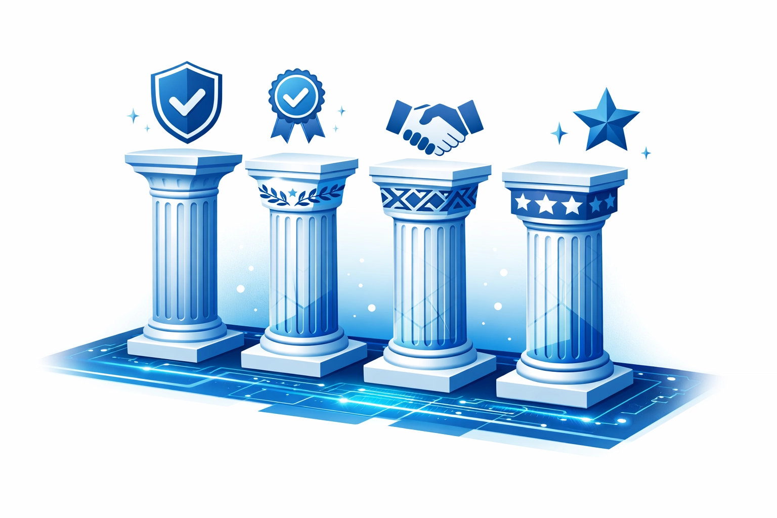 Four pillars representing E-E-A-T factors in SEO: experience, expertise, authority, and trust