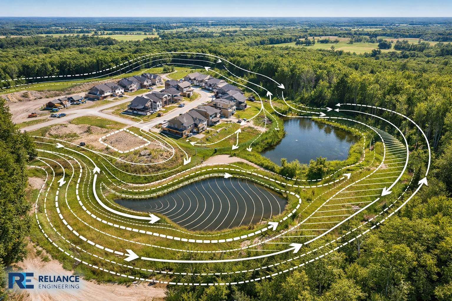 Aerial view of an Ontario development site with site grading and stormwater management plan overlays.