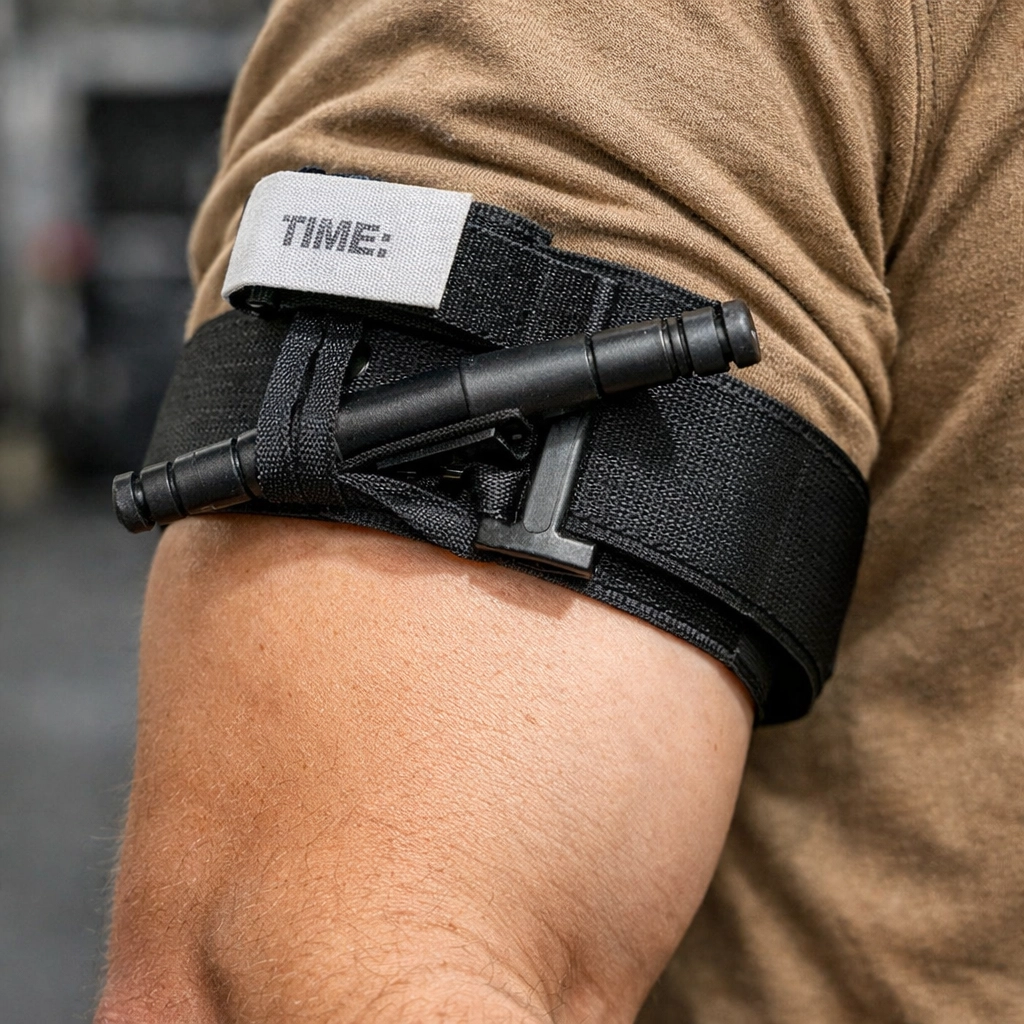 Proper tourniquet placement on the upper arm showing correct distance above a wound for effective bleeding control.