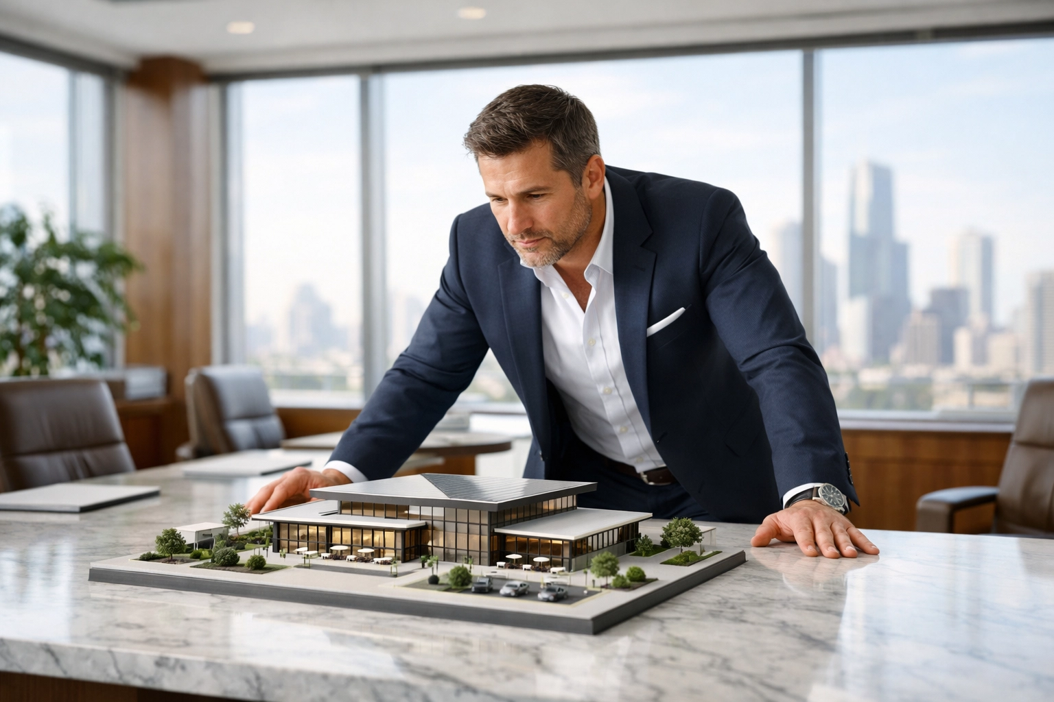 Restaurant executive planning restaurant growth and new business strategy in a modern boardroom.