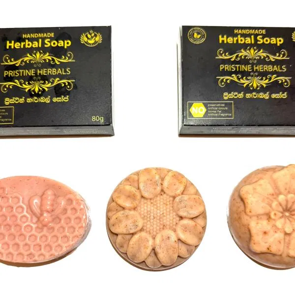 Three artisanally crafted herbal soaps with natural designs