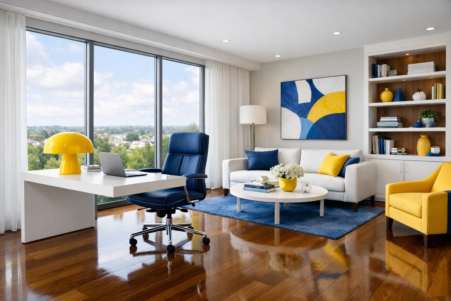 Impeccably clean Lancaster home office with polished floors from elite commercial cleaning services.