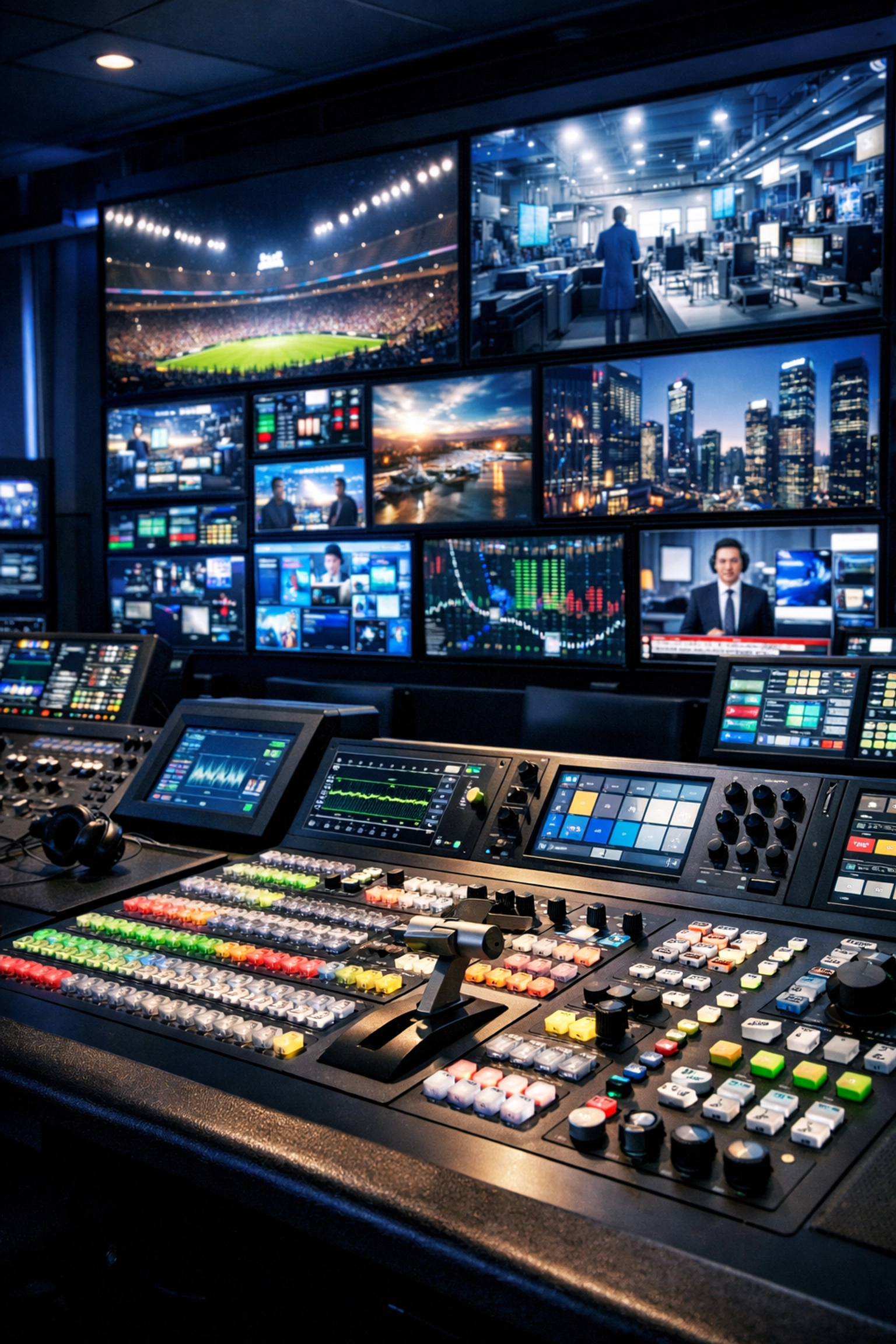 High-tech media broadcast control room representing Dakdan Worldwide's strategic, data-driven media operations.
