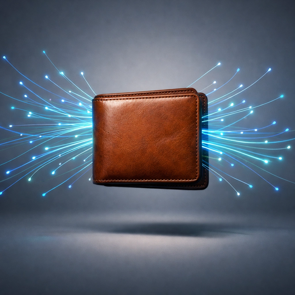 Leather wallet with blue glowing threads symbolizing invisible leaks from recurring digital subscriptions.