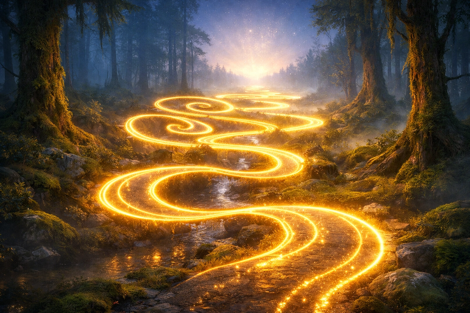 A winding golden path through a twilight forest symbolizing the non-linear grieving process in Sarasota.