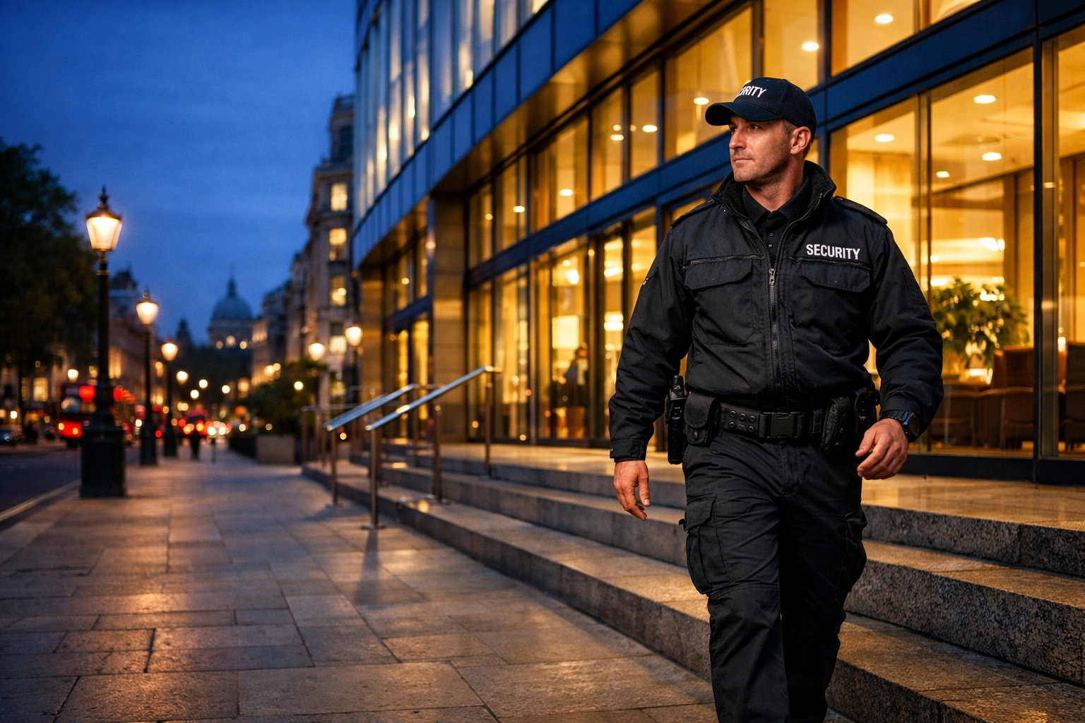 Vigilant security guard performing a proactive patrol of a prestigious London building at twilight.