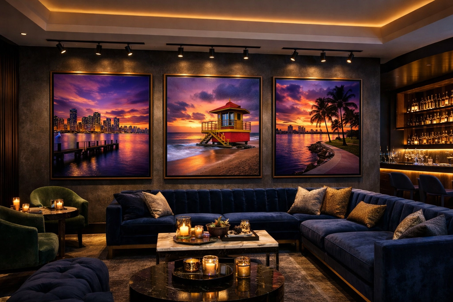 Fine art photography miami prints showcased on a luxury gallery wall in a contemporary corporate lounge.