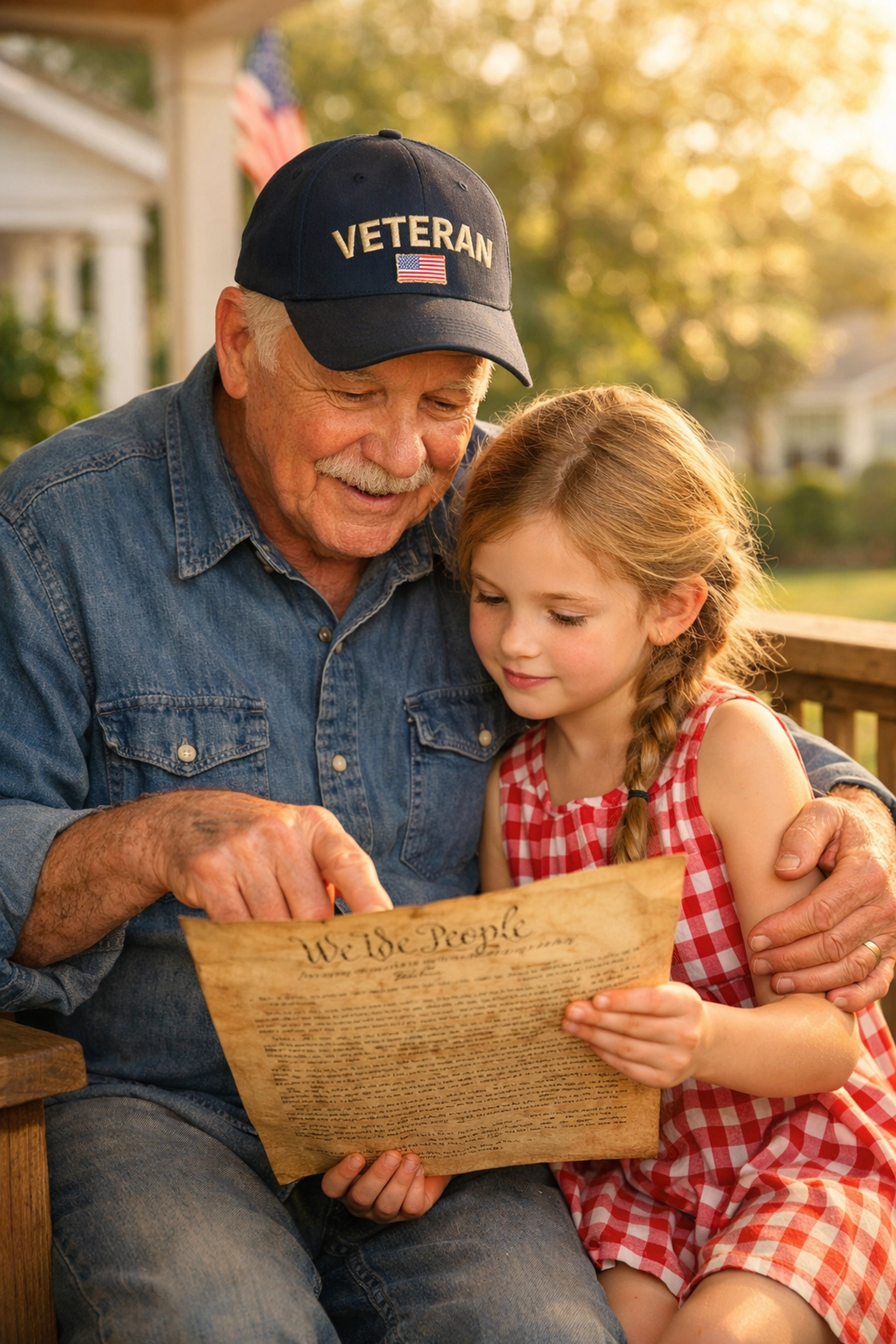 A veteran grandfather showing his granddaughter a historical document about the Pledge of Allegiance.