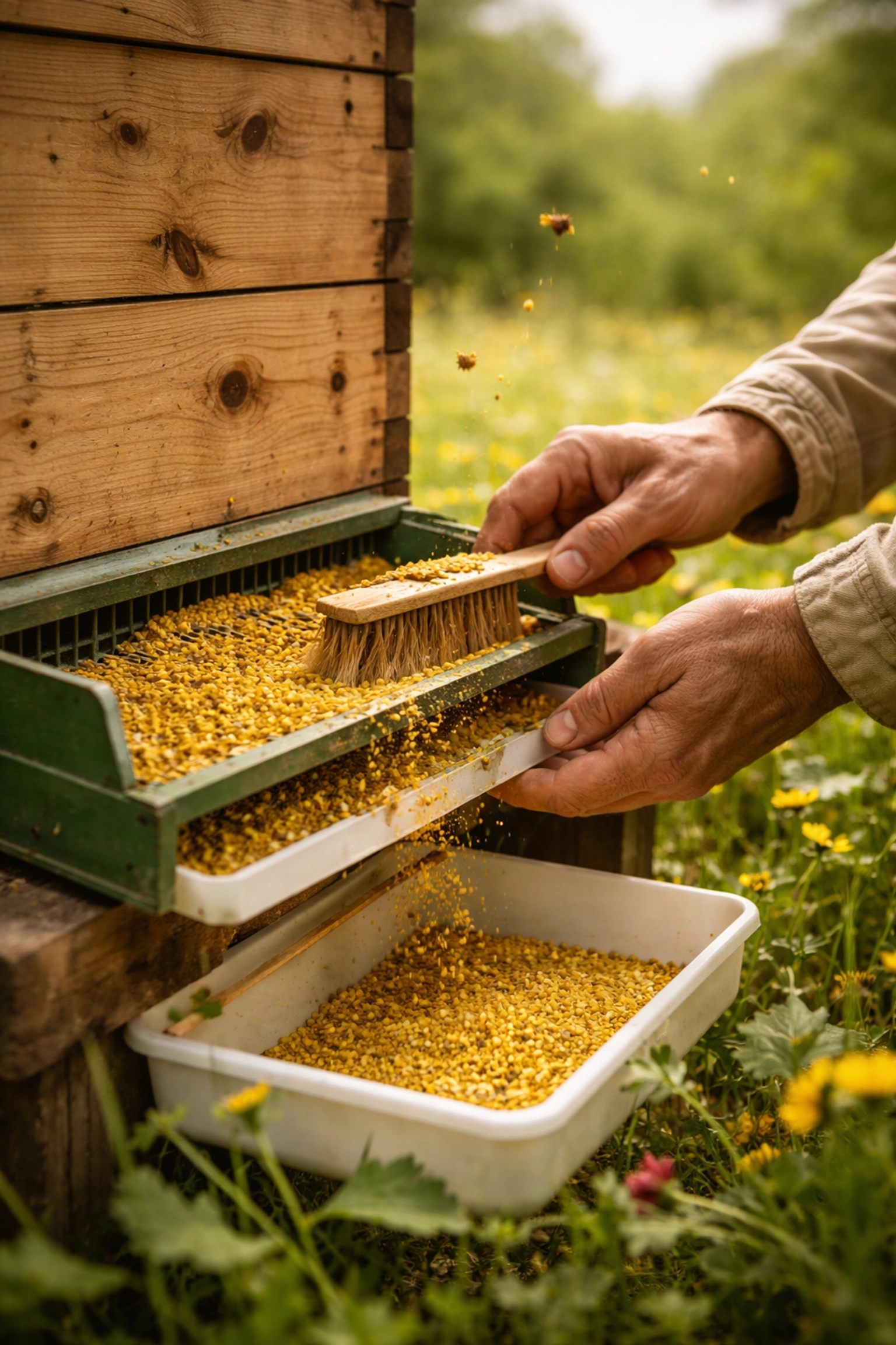 Beekeeper harvesting pure bee pollen from a hive, illustrating sustainable and organic beekeeping practices