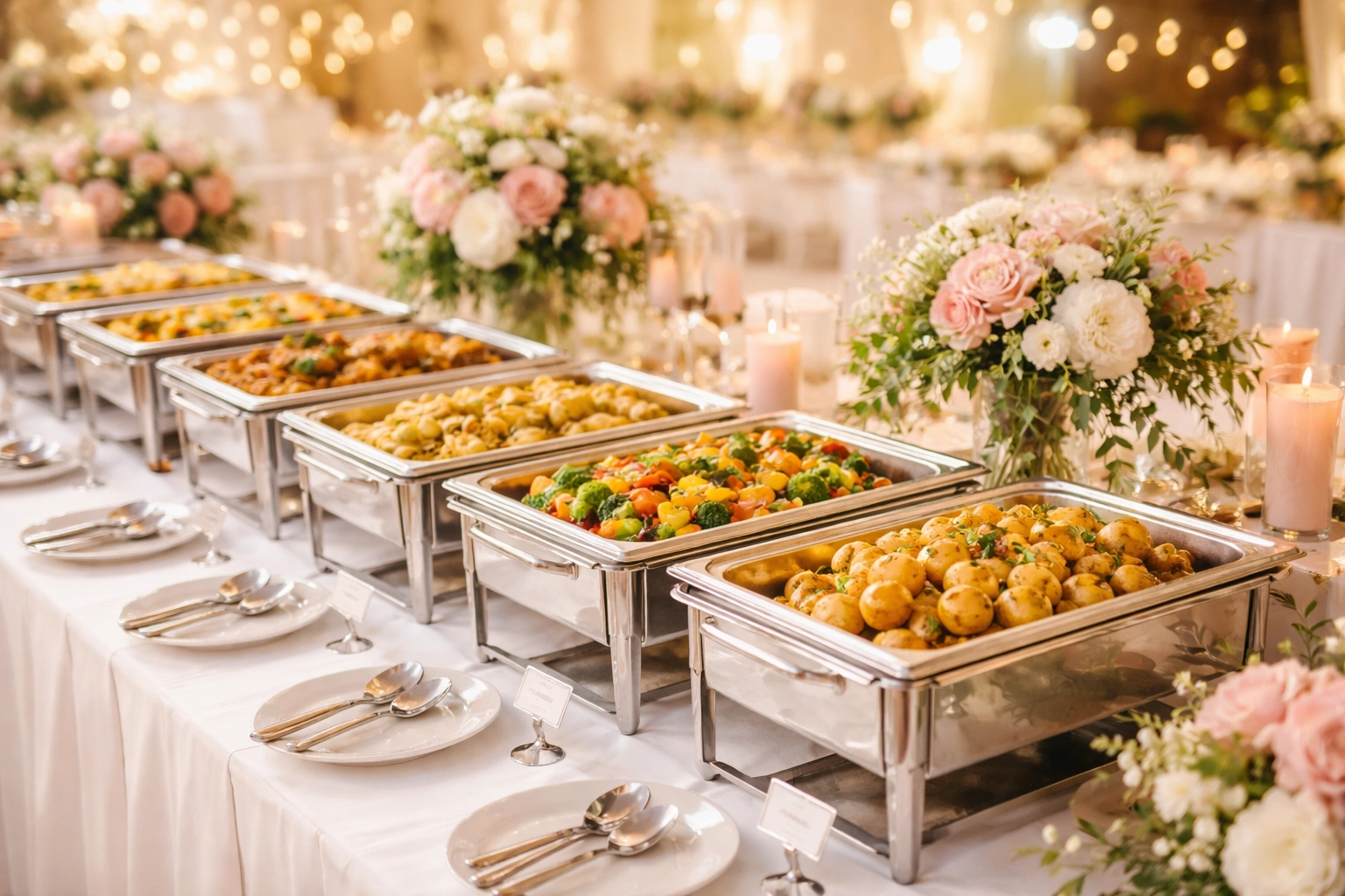 Elegant wedding buffet with chafing dishes and festive table decor for professional catering presentation