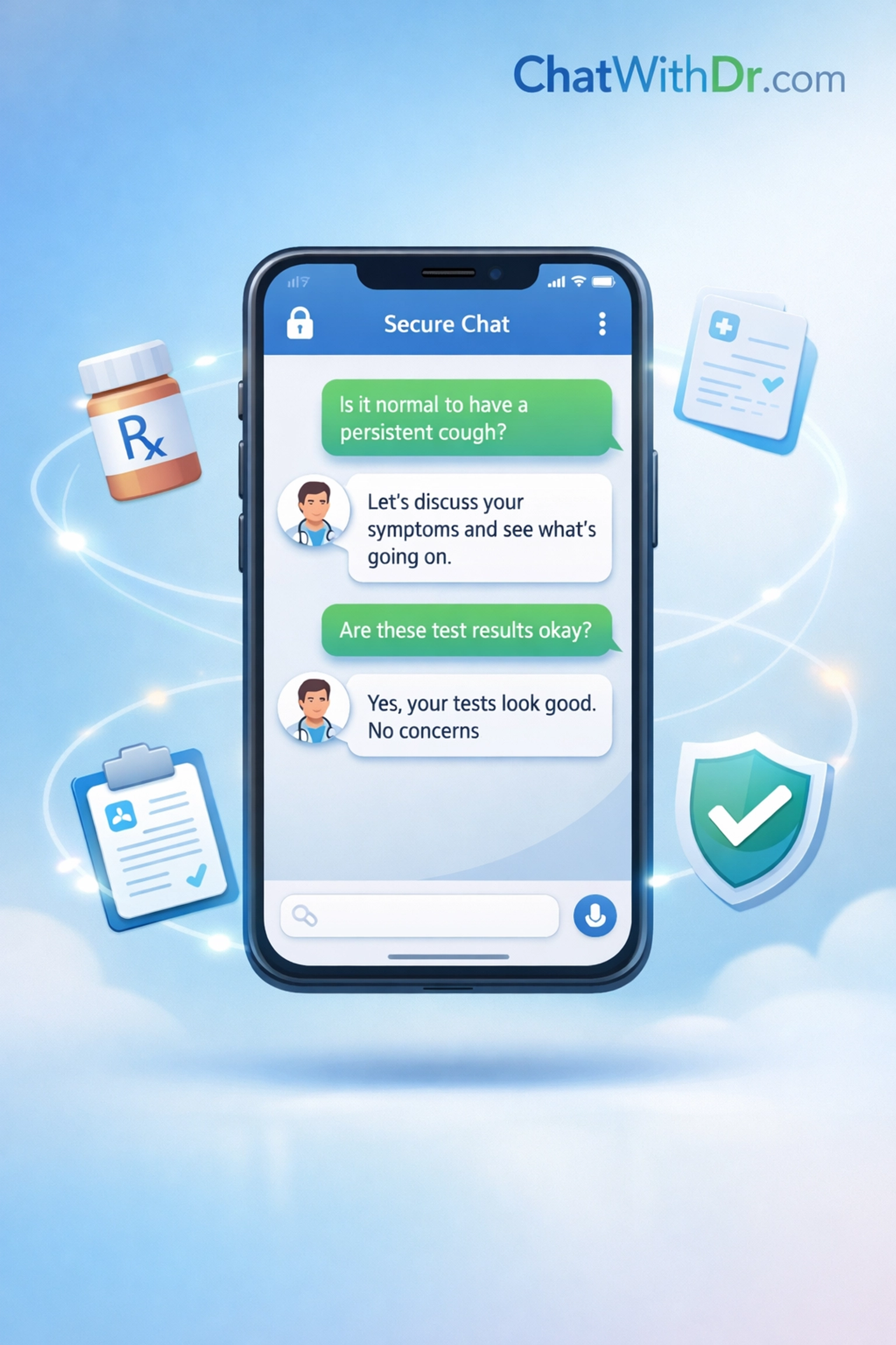 Smartphone displaying secure medical chat interface with prescription and health document icons
