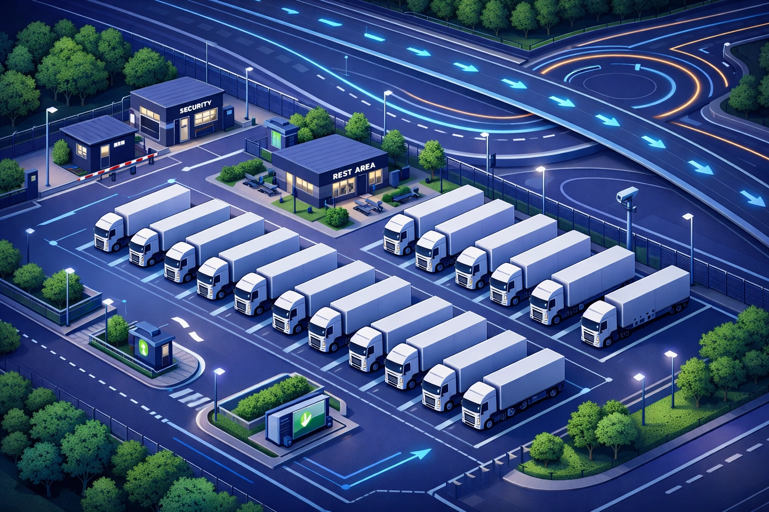 Secure and organized HGV parking area at a motorway service station for Class 1 drivers.
