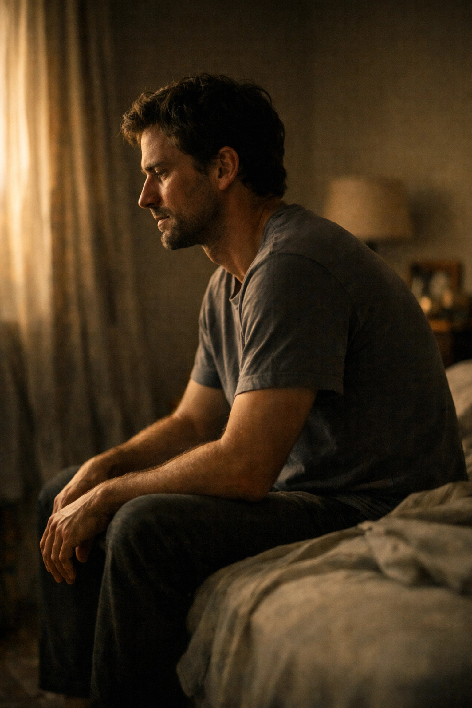 Gondolkodó férfi az ágy szélén, a merevedési zavar lelki hátterét és a megoldáskeresést ábrázolva.