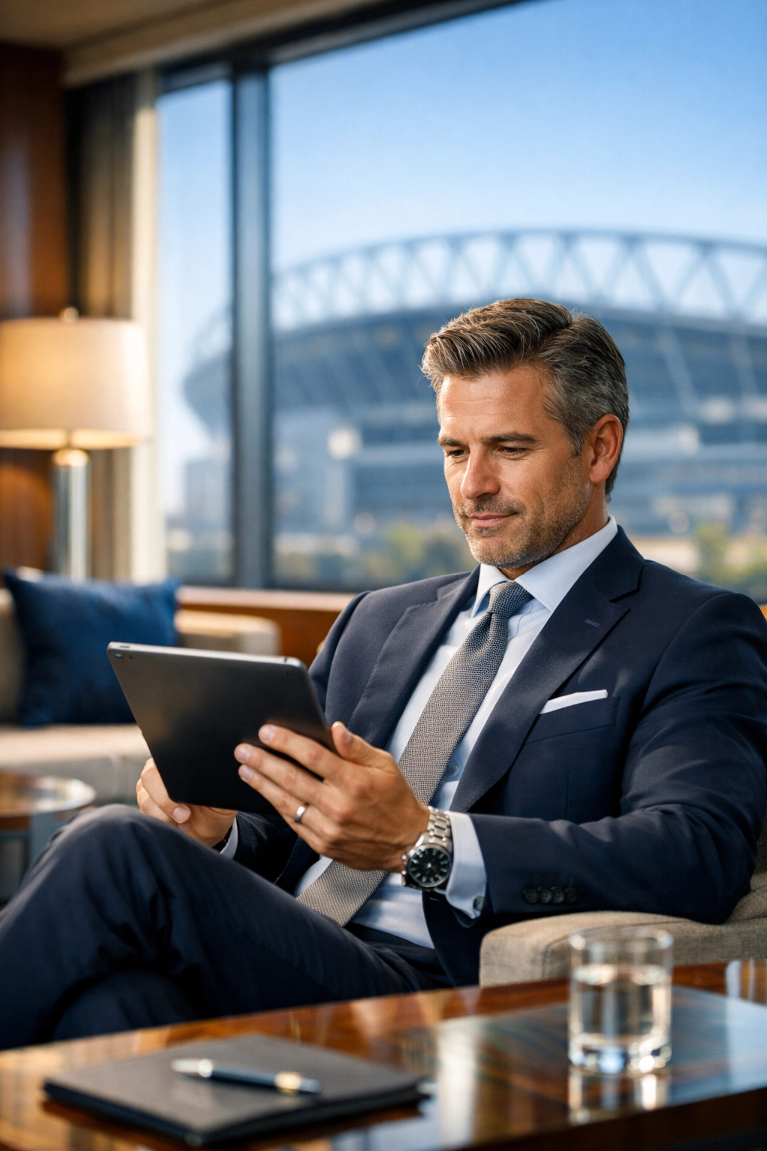 Executive conducting pre-game research on a tablet in a luxury suite overlooking a professional sports stadium.