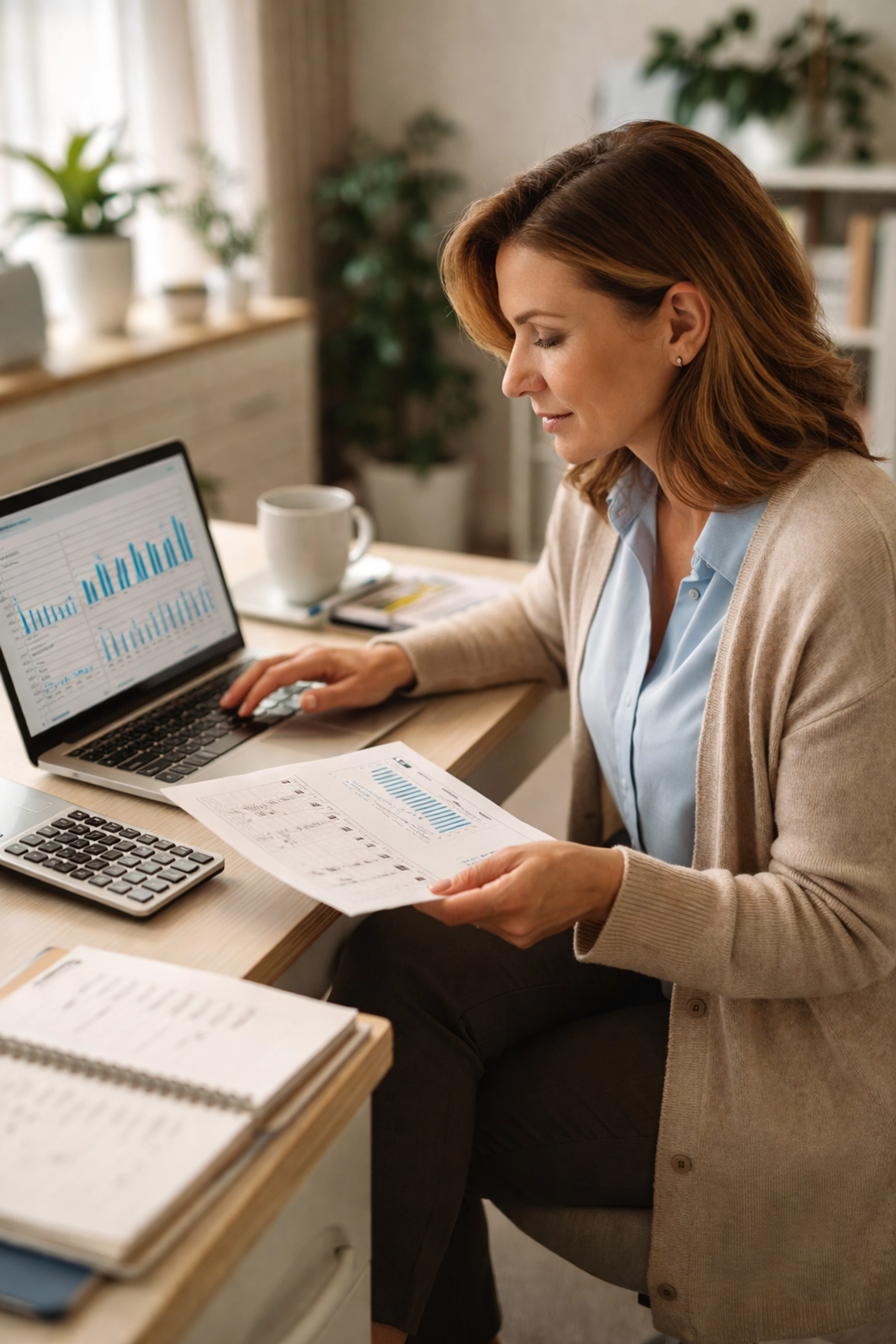 Healthcare practice owner reviews financial reports at a desk to improve cash flow management systems