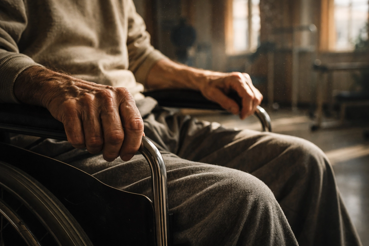Hands gripping wheelchair armrests in rehabilitation center showing the long road of addiction recovery