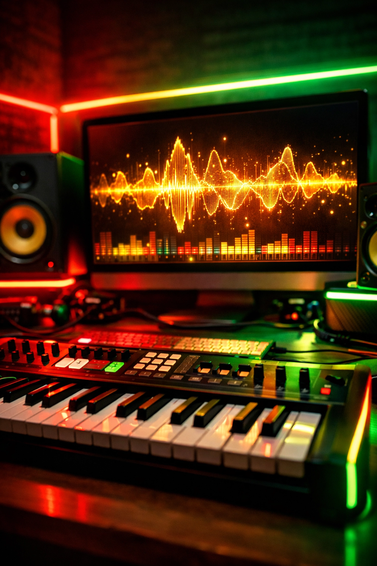 Professional studio desk showing the golden waveform of a custom song being produced with red and green accents.