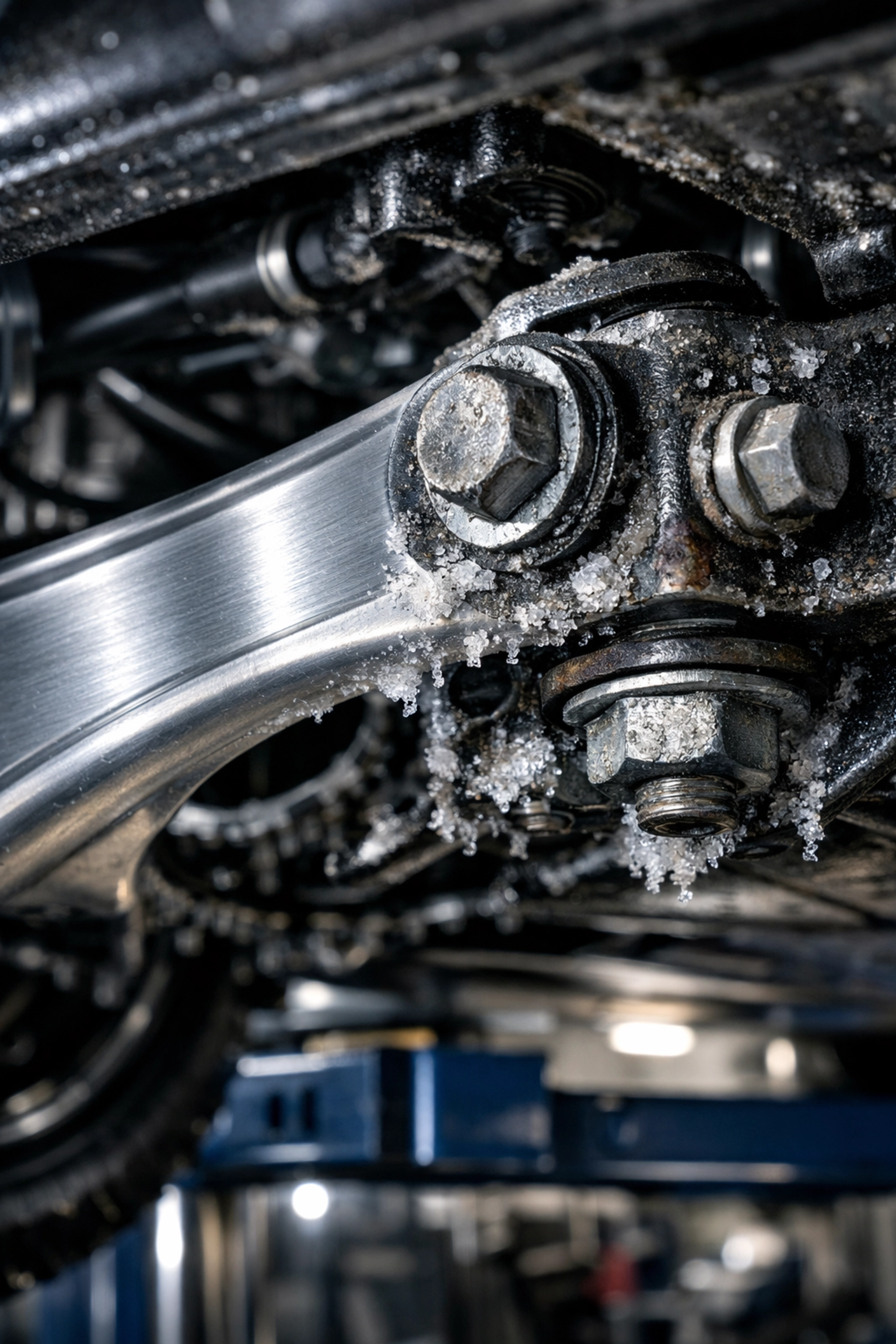 Electric vehicle undercarriage showing road salt buildup on aluminum and steel components after a Quebec winter.