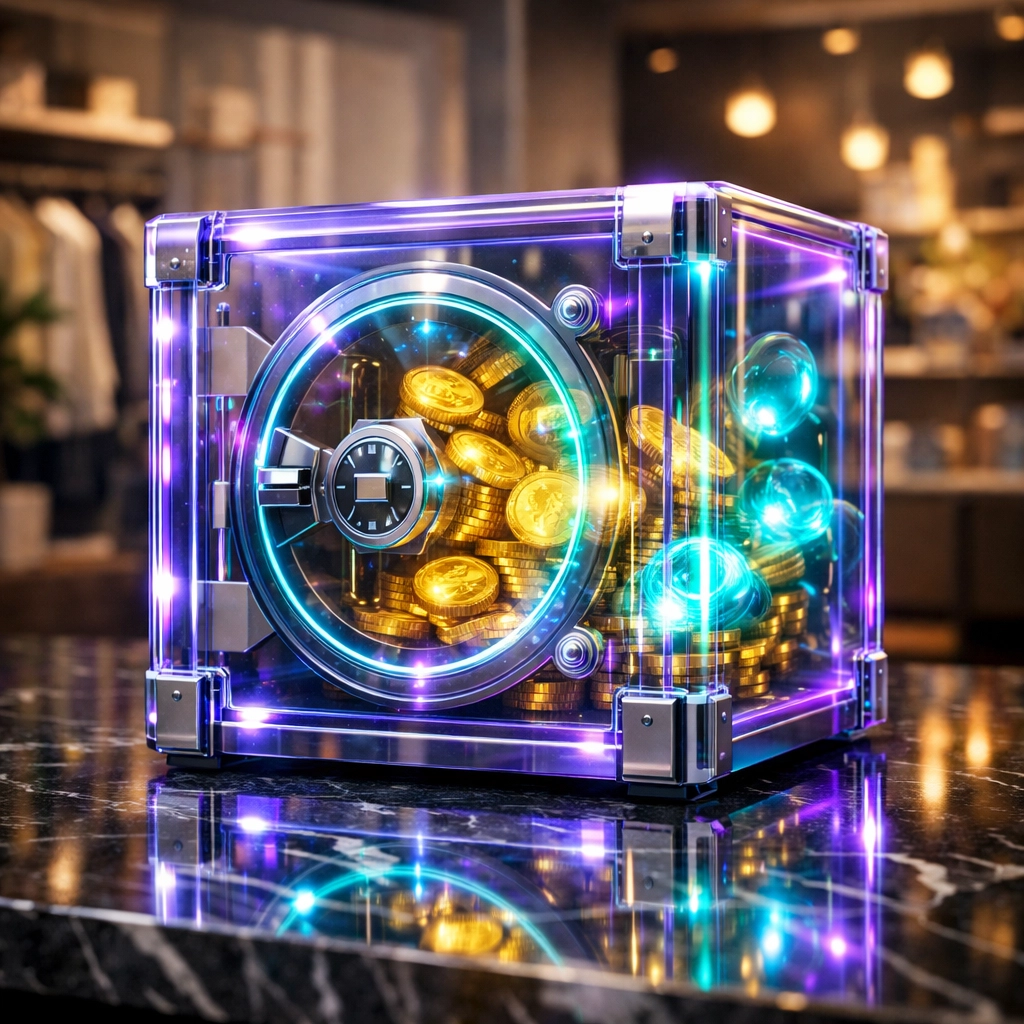 Holographic digital vault in a retail store showcasing profit growth and low Web3 payment fees with Larecoin.