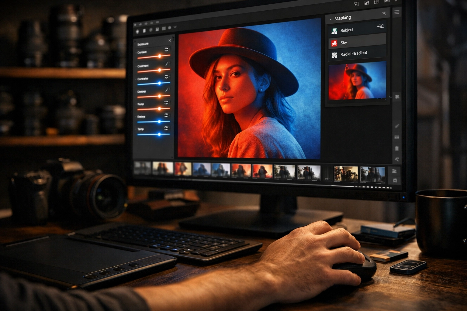 Professional photographer using AI editing software in a modern studio, a key part of latest photography news.