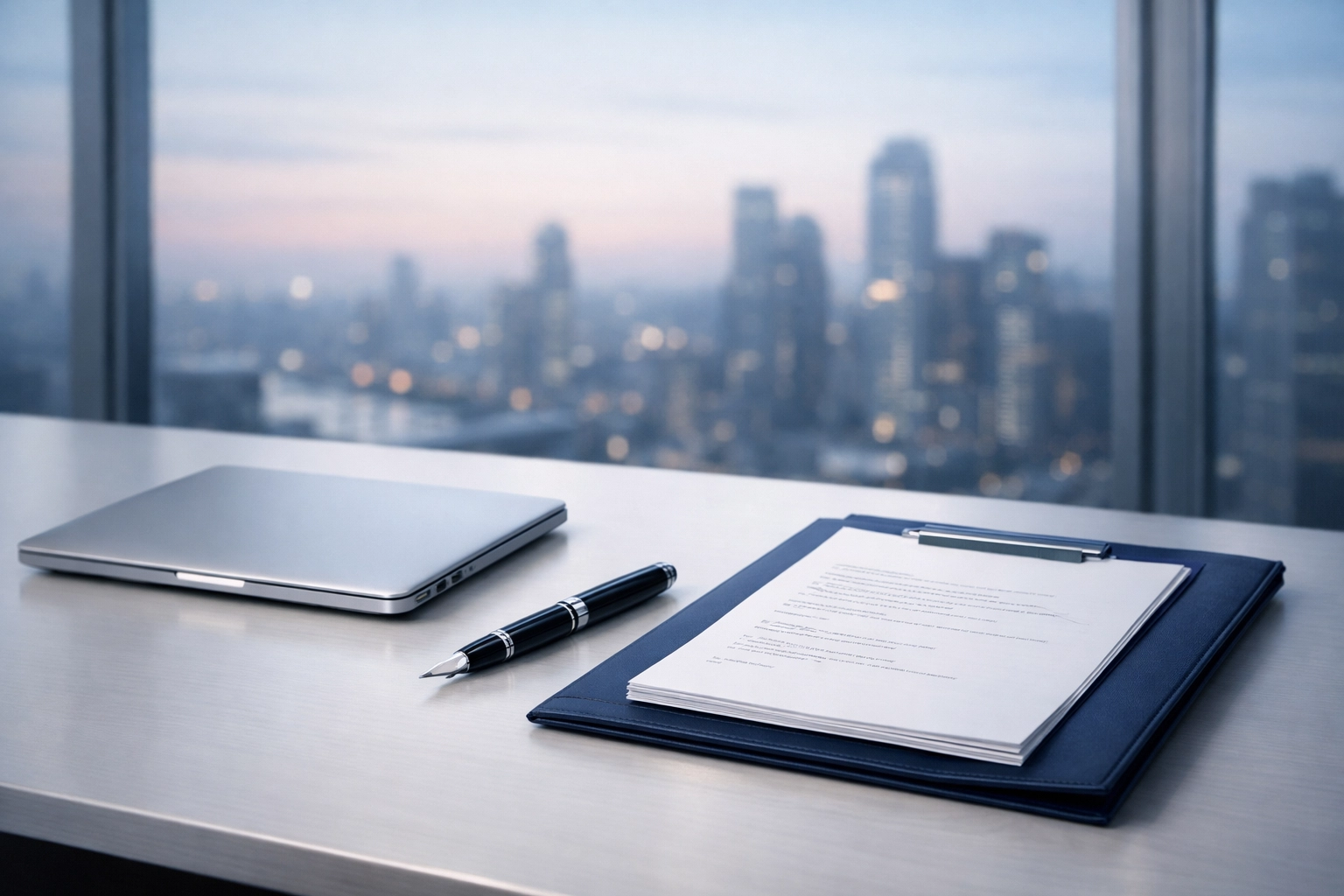 Organized business records and documents on an executive desk for Alabama business sale preparation.