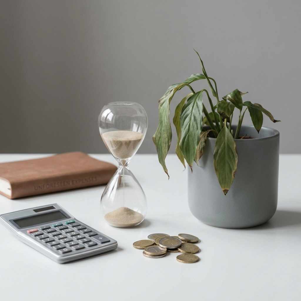 Modern still life of an accountant's desk showing time and money loss, symbolising business costs from operational inefficiencies.