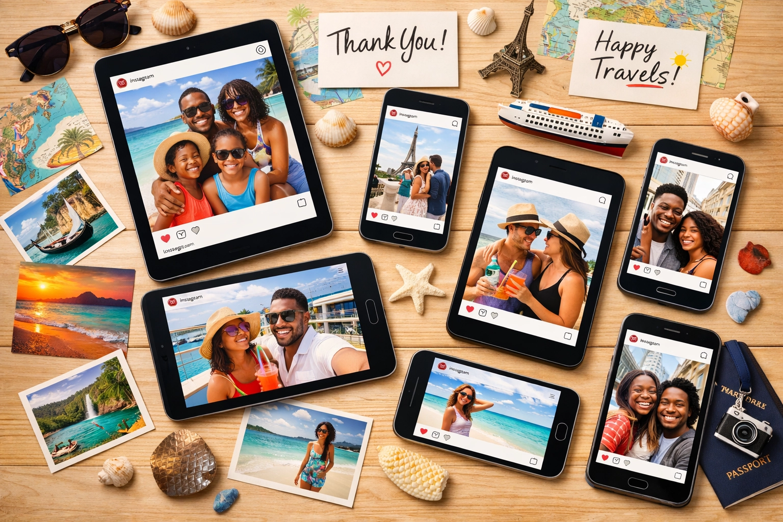 User-generated travel content displayed on multiple devices showing client testimonials and trip photos