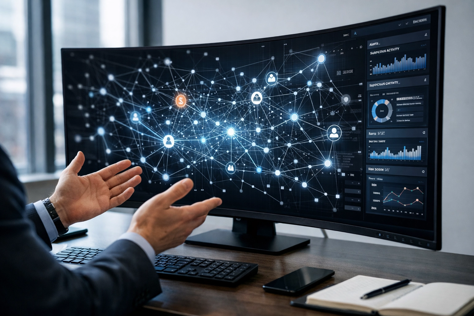 Network analysis dashboard showing fraud detection patterns and connected data nodes