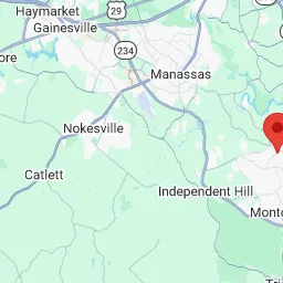 Map section highlighting the areas in Northern Virginia including Manassas, Nokesville, Haymarket, Catlett, and Independent Hill, illustrating Don Shaw Law, PLLC’s service area coverage.