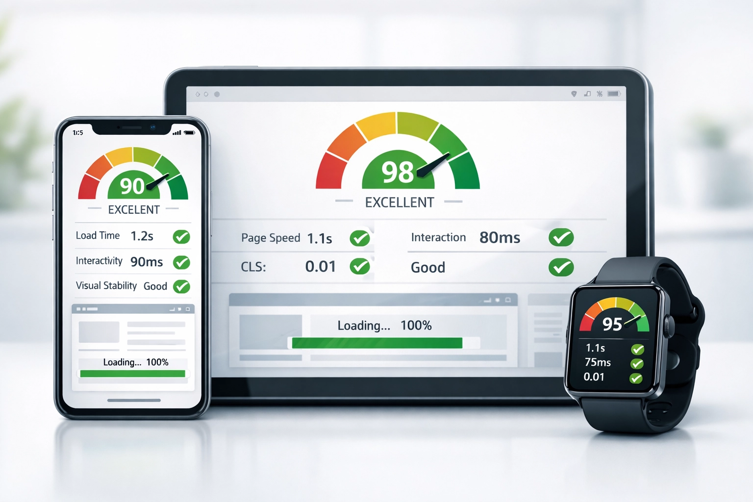 Mobile, tablet, and smartwatch showing fast-loading pages to illustrate Core Web Vitals and technical SEO performance
