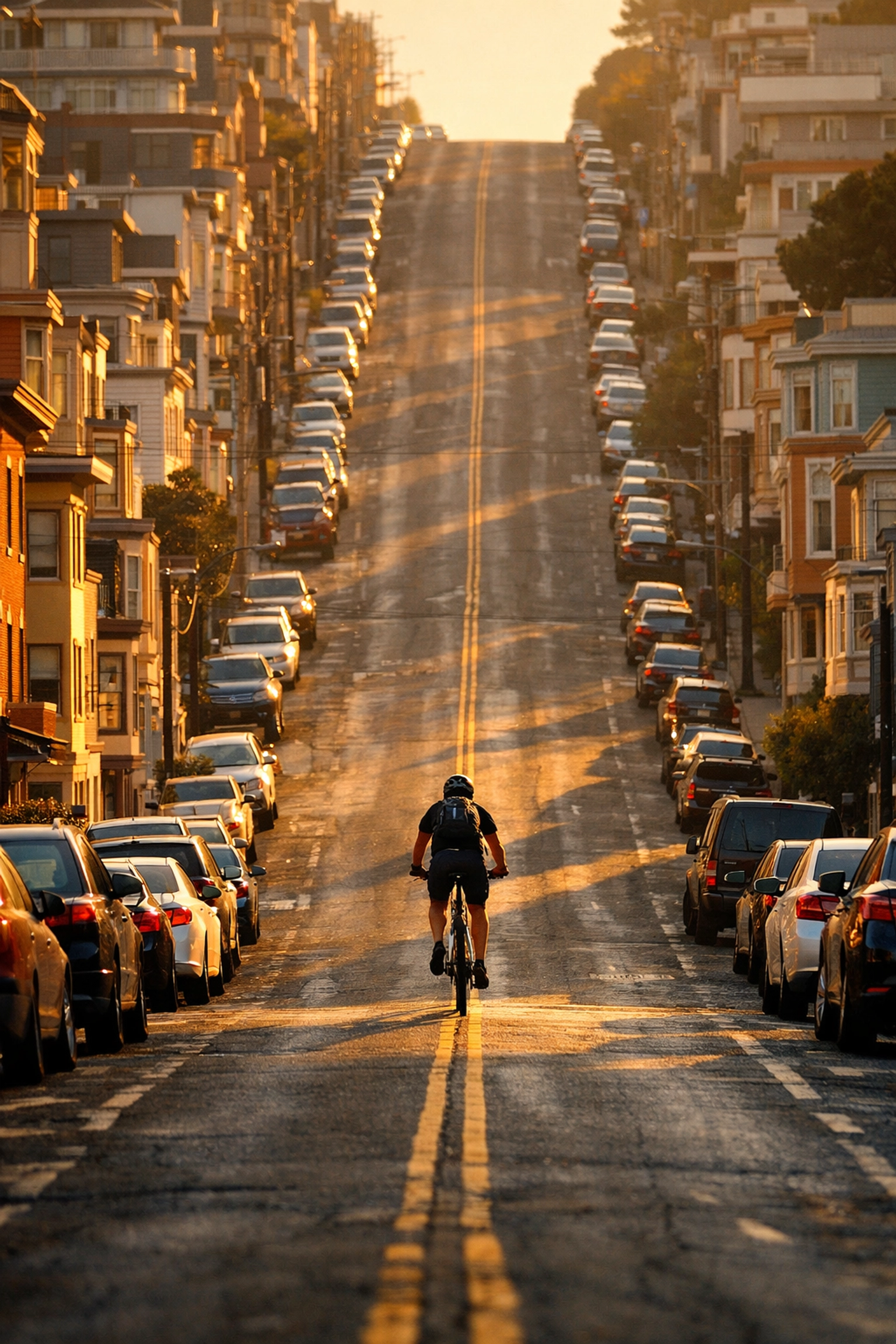 Creative street photography using telephoto lens compression on a steep city hill at sunset.