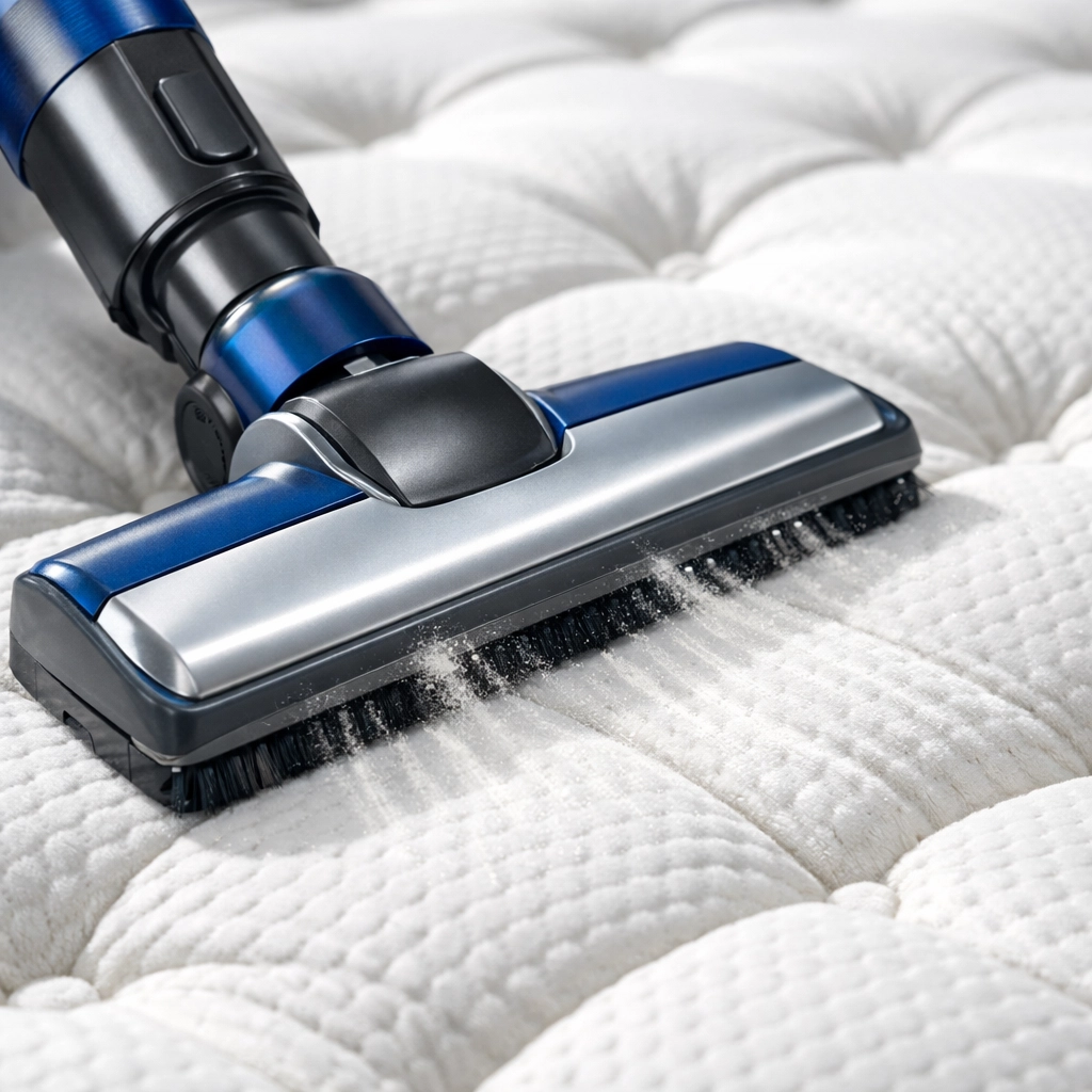 Using a vacuum cleaner upholstery attachment to remove dust from a quilted mattress surface.