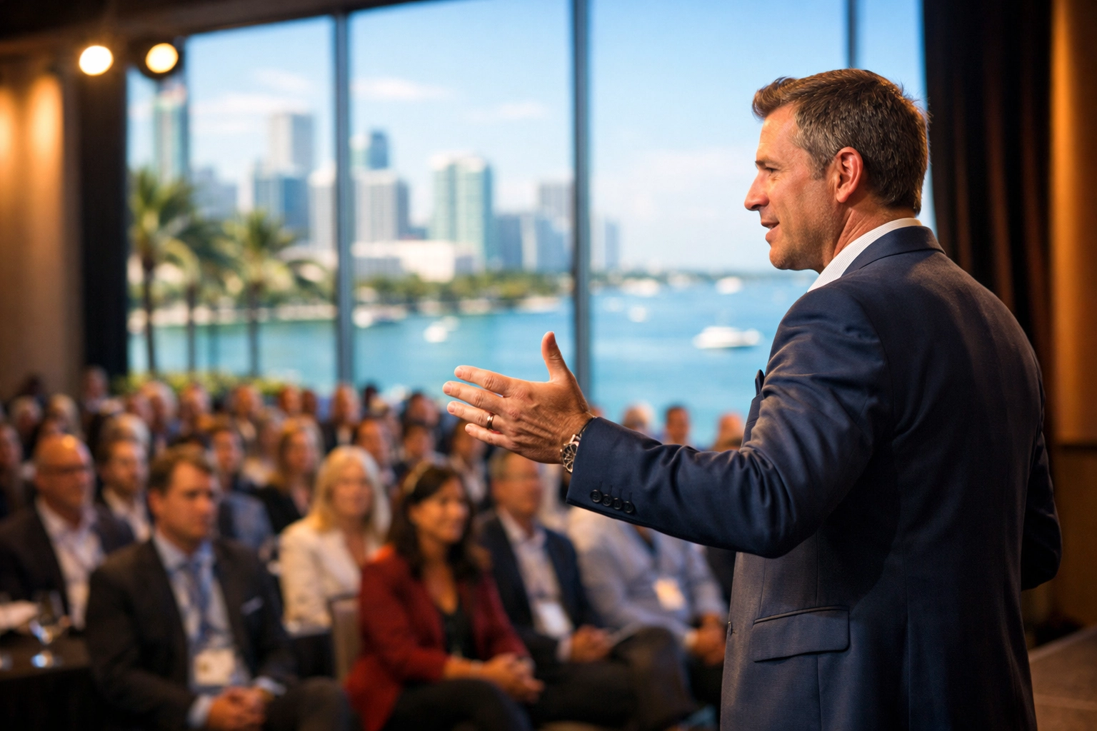 Professional corporate event photographer Miami capturing a keynote speaker at a high-end conference.