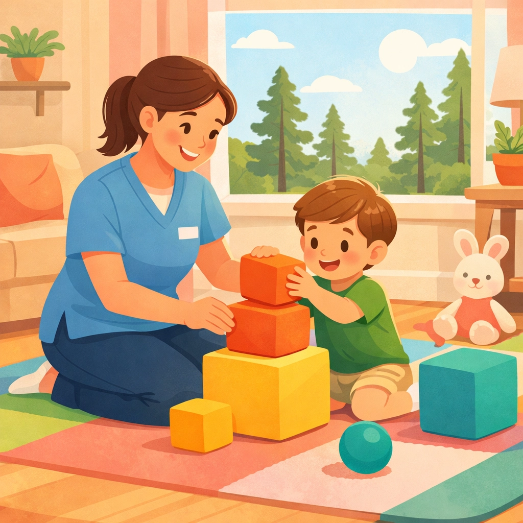 Physical therapist working with child in home-based therapy session