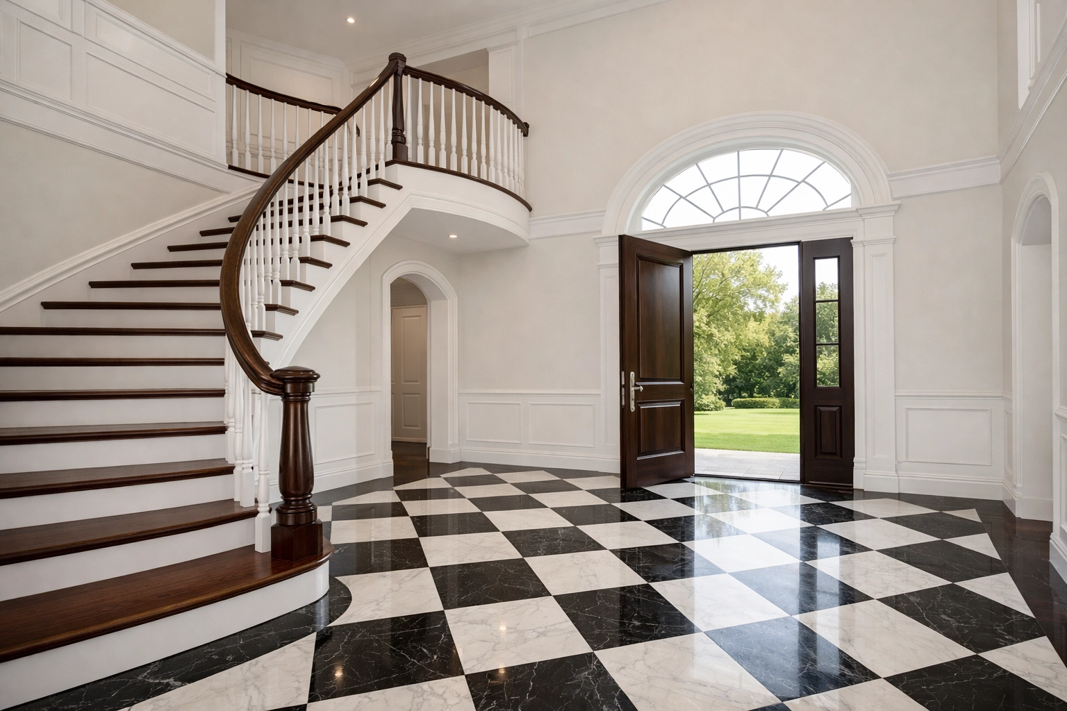 Deep cleaning Wellesley MA results in a pristine grand foyer, ready for a high-end residential move-in.