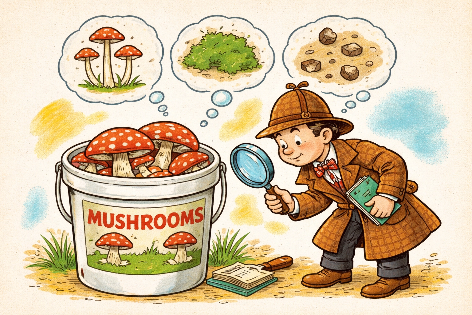 A whimsical 1950s-style storybook detective with a magnifying glass beside a mushroom bucket, with simple pictograms showing leggy stems, green mold, and no pins, illustrating common troubleshooting signs.