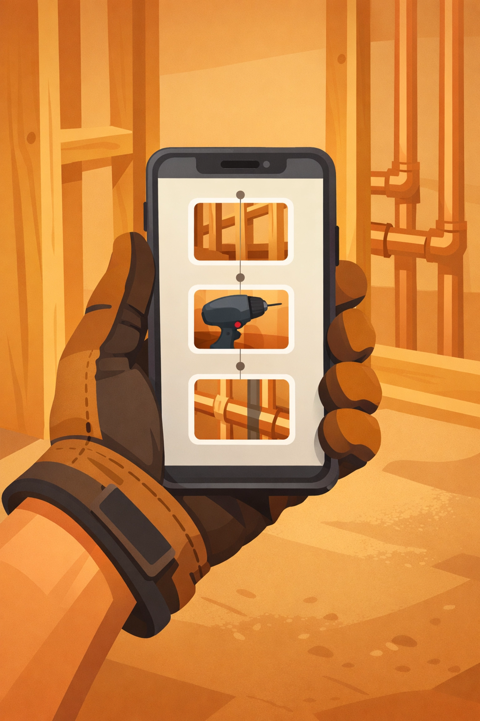 Contractor viewing construction photo documentation on a mobile phone timeline while at a job site.