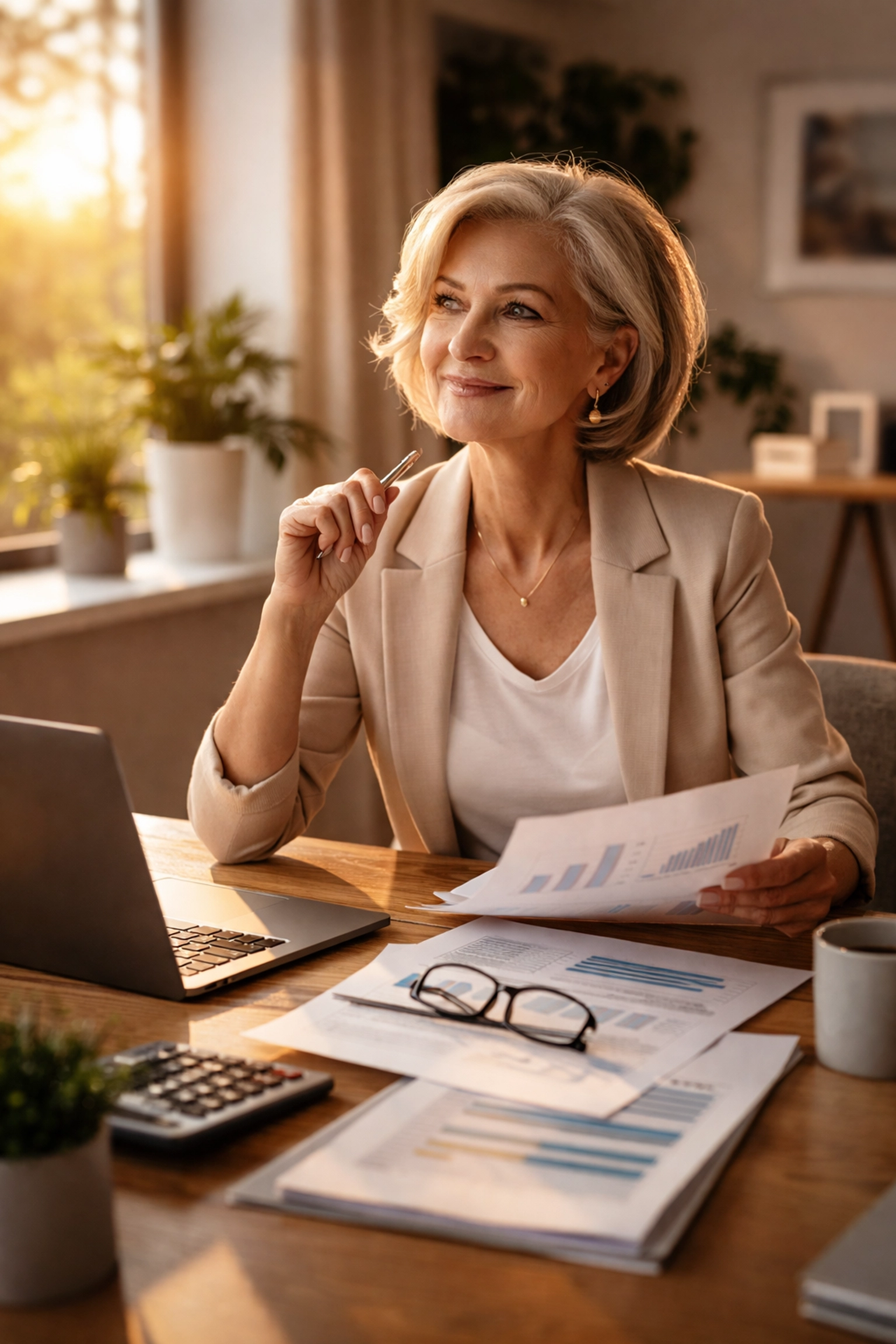 Confident woman in her early 60s reviews retirement financial documents at a bright, inviting home office desk.