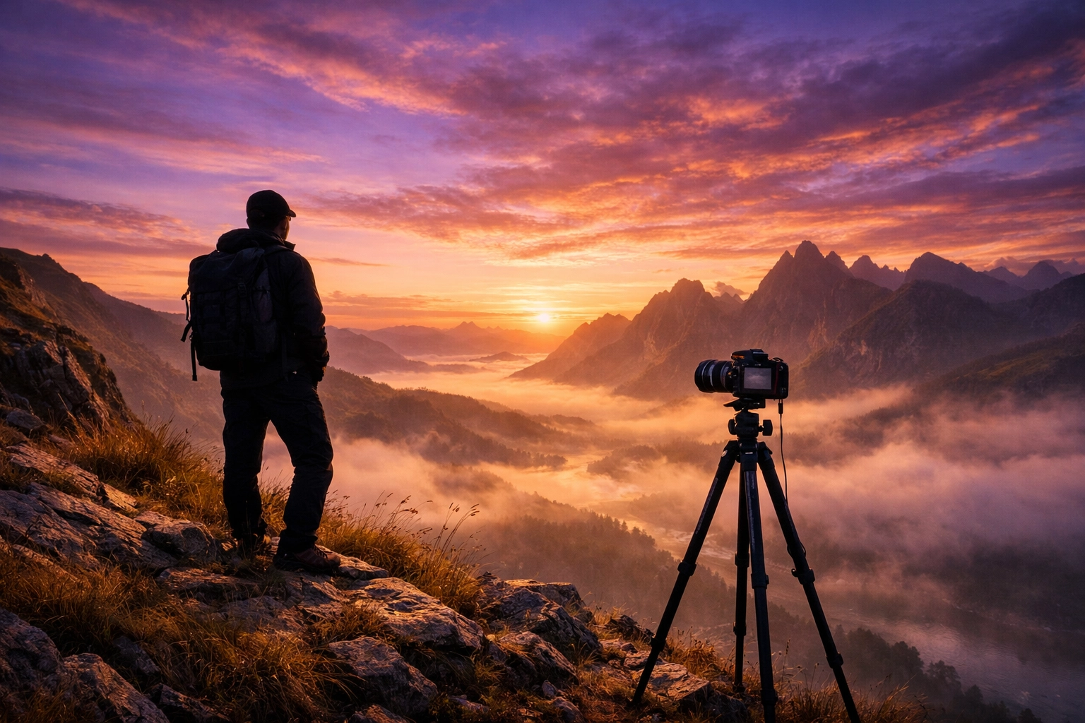 Photographer using a mirrorless camera on a tripod to capture nature imagery during a sunrise landscape shoot.